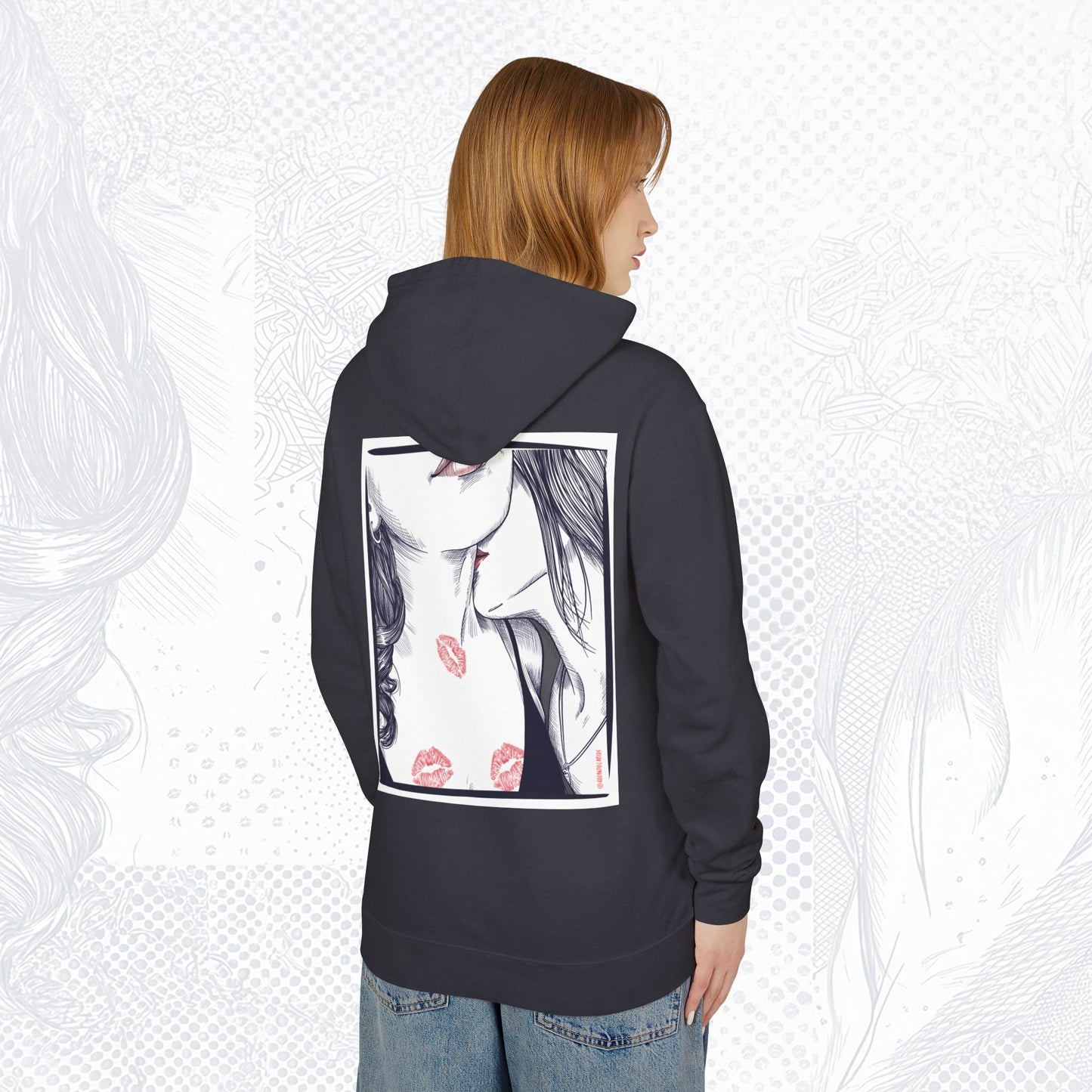Stolen Kiss Hoodie – Dark line – Romantic Art Pullover for Women | Cozy WLW Graphic Sweatshirt