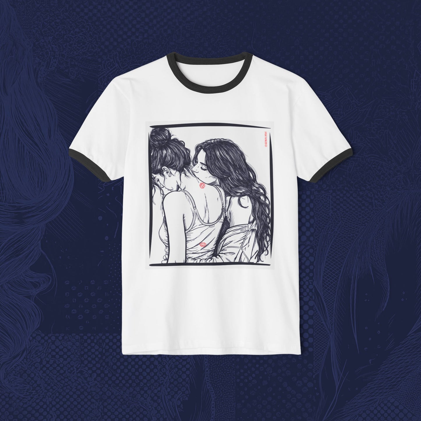 Kiss Me Here ❤️ Ringer T-Shirt – WLW Romantic Graphic Tee | Queer Aesthetic Apparel