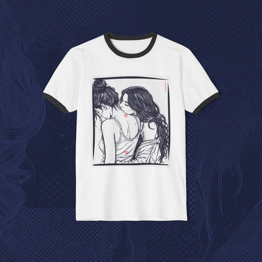 Kiss Me Here ❤️ Ringer T-Shirt – WLW Romantic Graphic Tee | Queer Aesthetic Apparel
