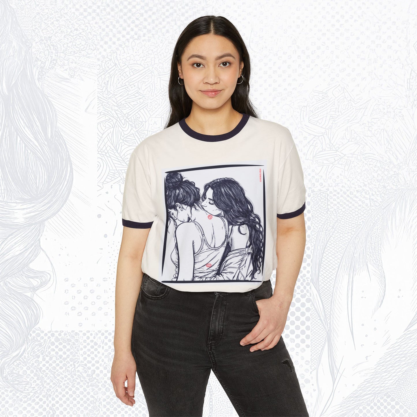 Kiss Me Here ❤️ Ringer T-Shirt – WLW Romantic Graphic Tee | Queer Aesthetic Apparel