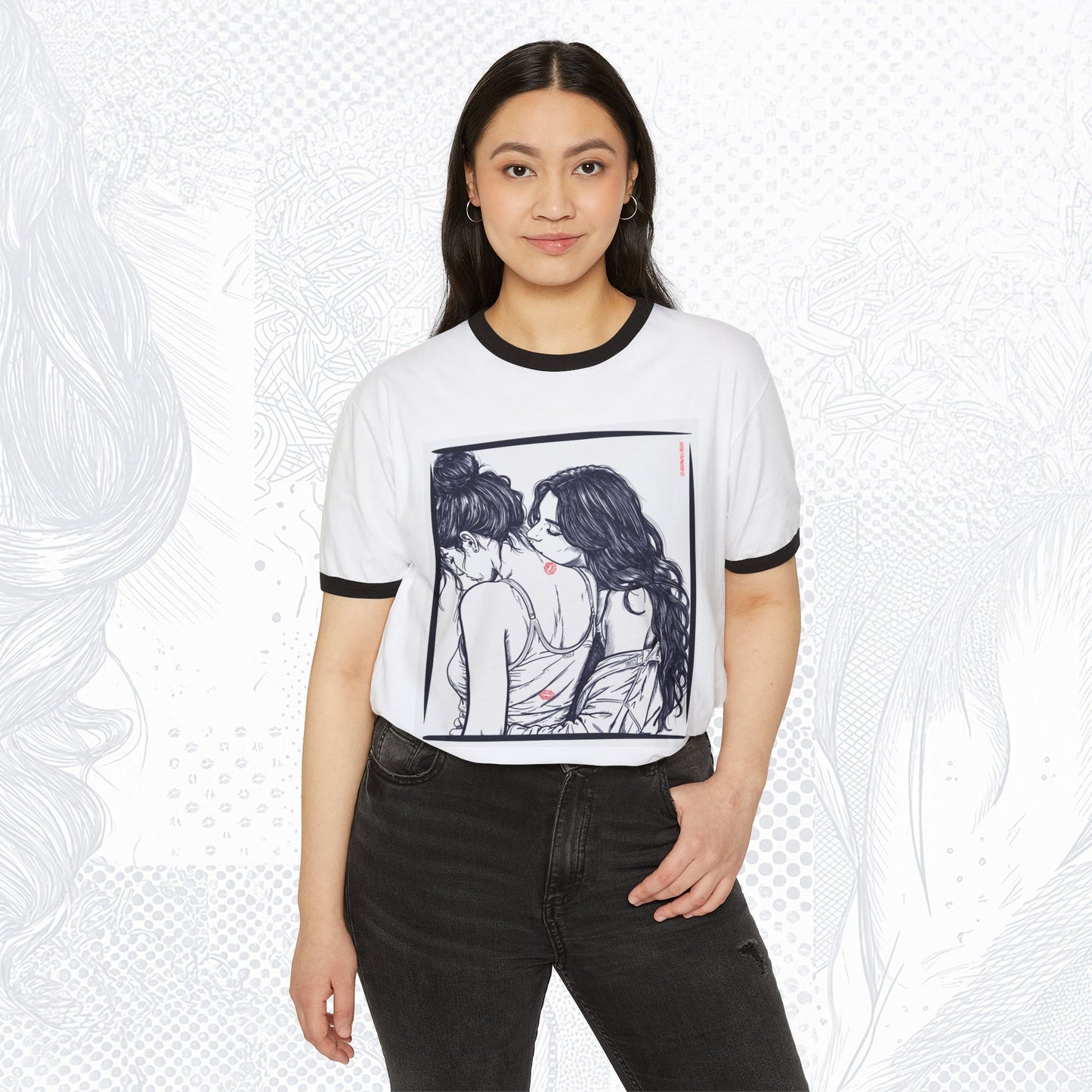 Kiss Me Here ❤️ Ringer T-Shirt – WLW Romantic Graphic Tee | Queer Aesthetic Apparel