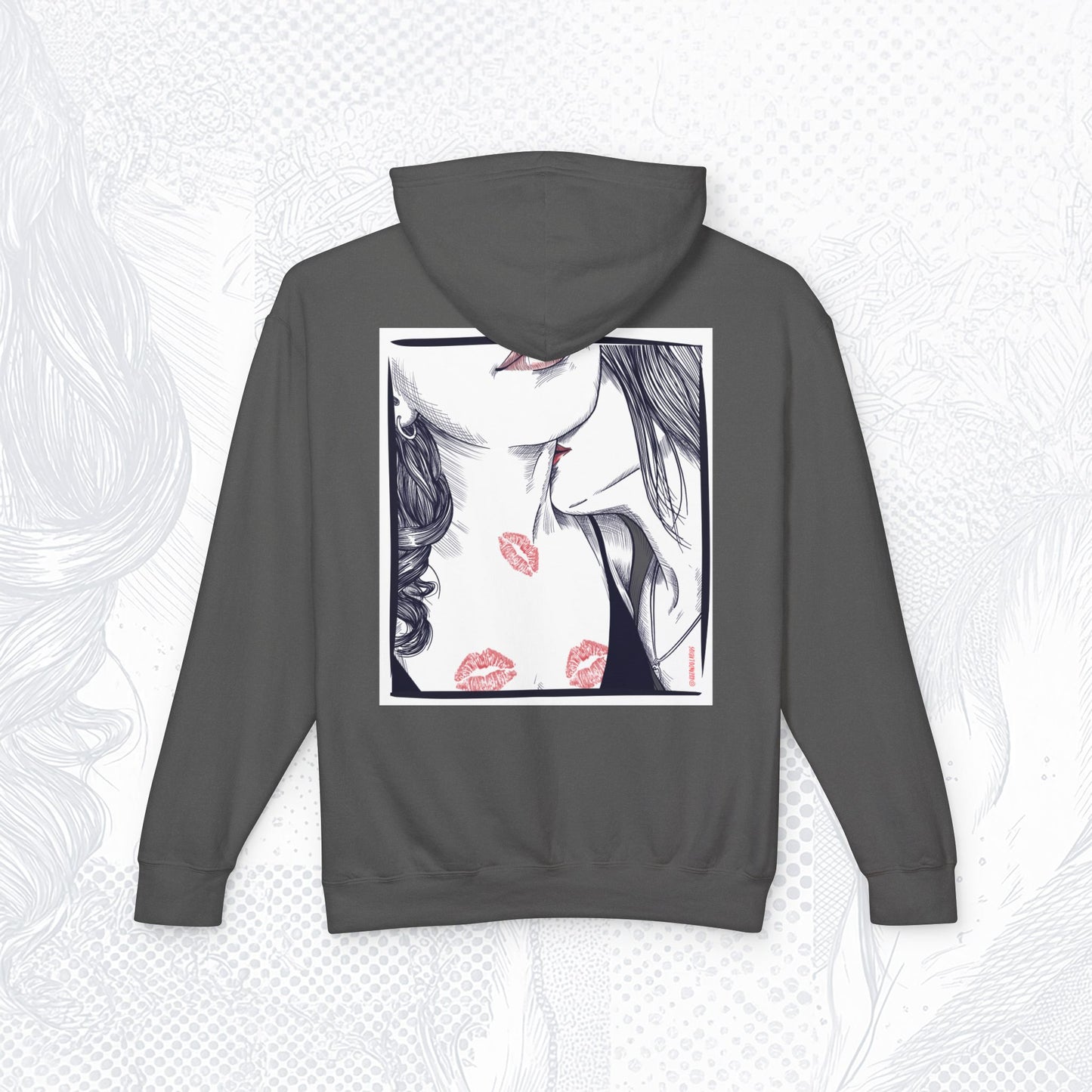 Stolen Kiss Hoodie – Dark line – Romantic Art Pullover for Women | Cozy WLW Graphic Sweatshirt
