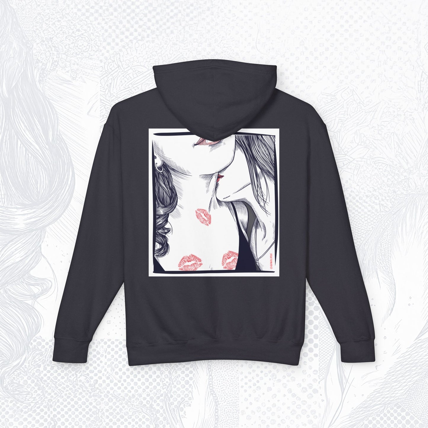 Stolen Kiss Hoodie – Dark line – Romantic Art Pullover for Women | Cozy WLW Graphic Sweatshirt