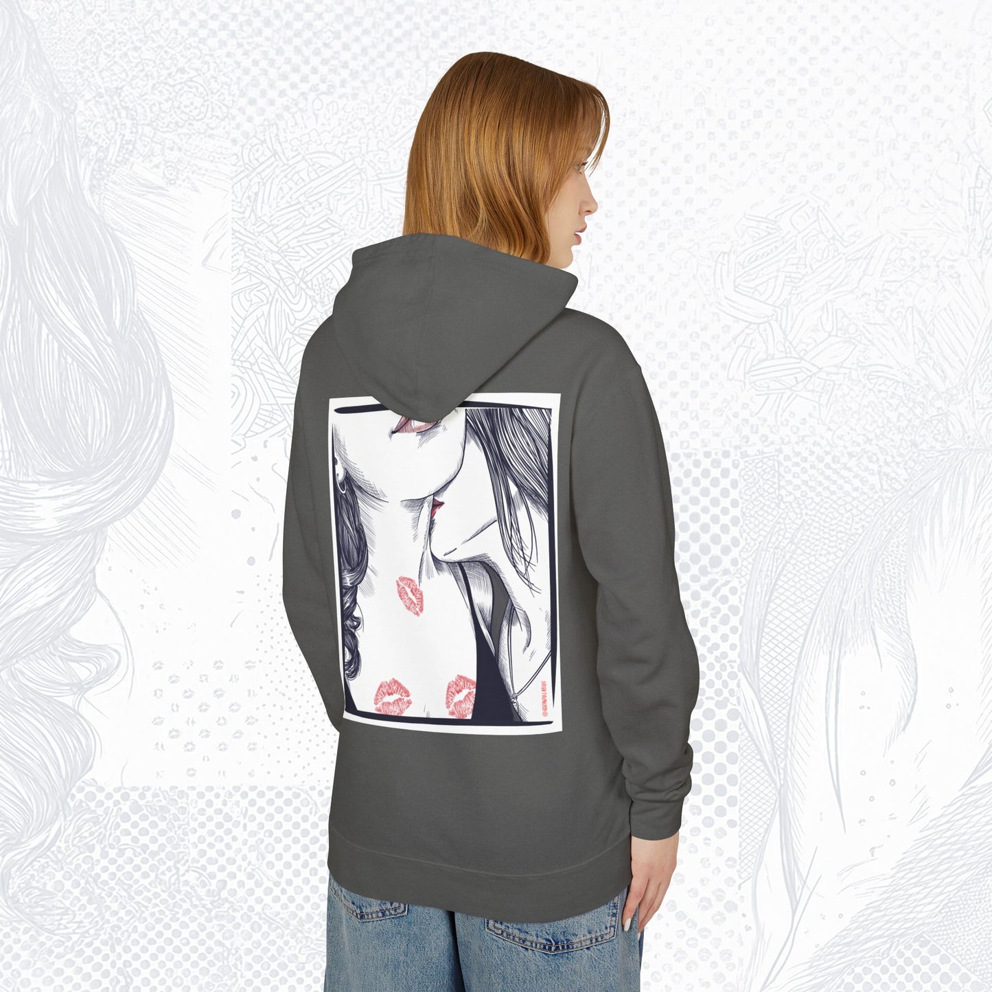 Stolen Kiss Hoodie – Dark line – Romantic Art Pullover for Women | Cozy WLW Graphic Sweatshirt